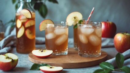 Wall Mural - Refreshing Apple Kombucha Cocktail with Iced Tea Served in Glasses on Wooden Tray Surrounded by Fresh Apples and Green Leaves