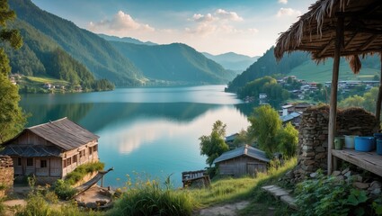 Canvas Print - Serene lakeside view with mountains and rustic village houses in a remote picturesque landscape under a clear blue sky