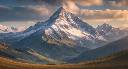 Canvas Print - Majestic Snow-Capped Mountain Against Dramatic Sky with Rolling Green Hills in Foreground