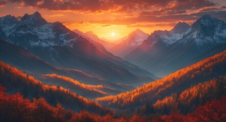 Wall Mural - Autumn Sunset Over Majestic Mountains with Vibrant Colors Capturing Nature's Beauty in a Serene Landscape