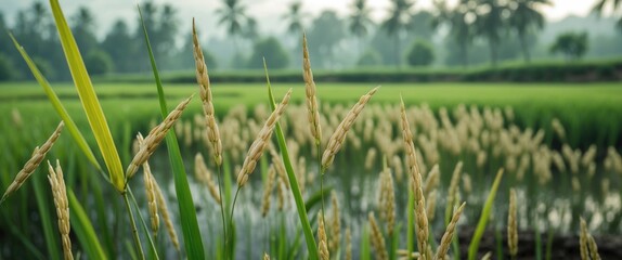 Wall Mural - Rice Plants in Rural Landscape with Lush Green Background and Soft Focus Ideal for Nature Photography and Text Overlay Usage