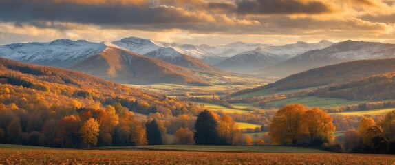 Wall Mural - Serene Autumn Landscape with Vibrant Foliage and Snow-Capped Mountains at Dusk