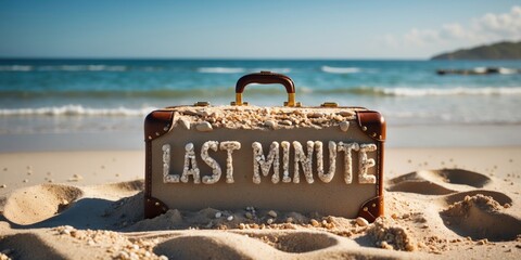 Canvas Print - Last Minute Suitcase Built From Sand On Beach With Calm Ocean Background And Space For Text