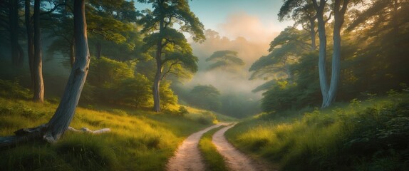 Wall Mural - Serene Late Summer Hiking Trail Through Lush Green Forest in Slate Park Surrounded by Misty Haze and Soft Morning Light