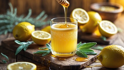 Wall Mural - Refreshing Lemon Juice with Honey and Sage Leaves on Rustic Wooden Table, Featuring Lemons and Space for Text or Branding.