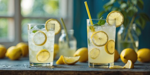 Poster - Refreshing Lemonade with Fresh Lemons and Mint in a Bright Setting Perfect for Summer Beverages and Healthy Drink Promotions