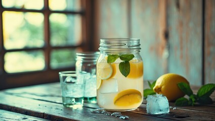 Wall Mural - Refreshing Lemonade Jar with Ice and Mint Garnish on Wooden Table Surrounded by Lemon and Empty Space for Text or Branding