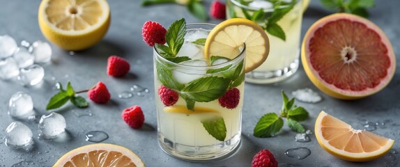 Wall Mural - Refreshing Lemonade with Mint, Lemon, and Raspberries in Glasses Surrounded by Fresh Ingredients and Ice on Grey Surface