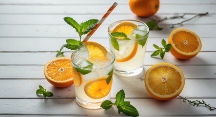 Wall Mural - Refreshing Lemonade with Fresh Oranges and Mint Garnish on Light Wooden Surface