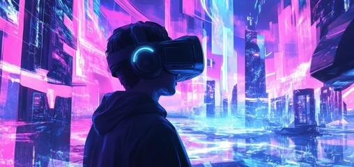 A game developer working on a VR simulation, wearing a headset and surrounded by futuristic digital landscapes
