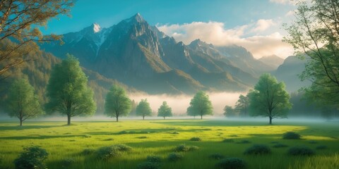 Canvas Print - Serene Meadow Surrounded By Lush Trees With Majestic Mountain Views Under Calm Morning Light