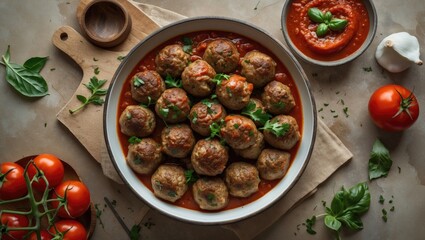 Wall Mural - Savory Meatballs In Tomato Sauce Served In A Bowl With Fresh Herbs And Garlic On Wooden Serving Board Against Rustic Background