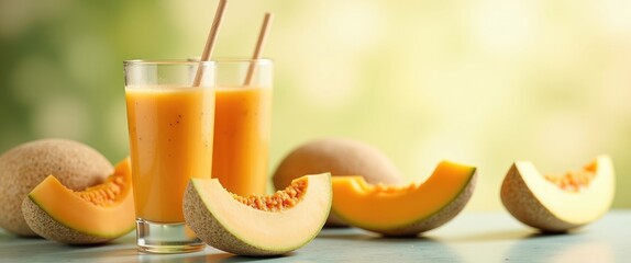 Poster - Refreshing Melon Smoothies With Fresh Melon Slices On A Table Perfect For Summer Promotions And Healthy Beverage Advertisements