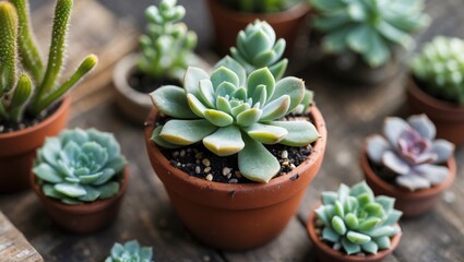 Poster - Vibrant Collection of Miniature Succulent Plants in Pots on Wooden Surface with Copy Space for Text and Decoration Ideas.