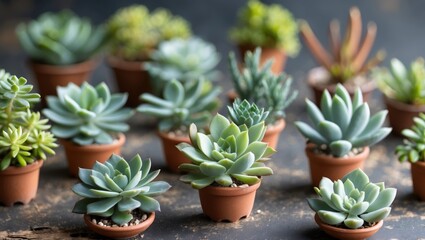 Wall Mural - Assorted Miniature Succulent Plants in Small Terracotta Pots on Dark Background