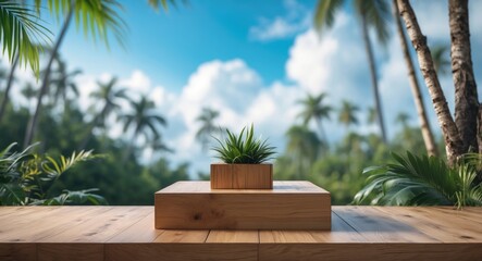 Sticker - Minimalist Wooden Podium Surrounded By Tropical Plants With Blue Sky And Clouds Natural Background For Product Display And Creative Concepts