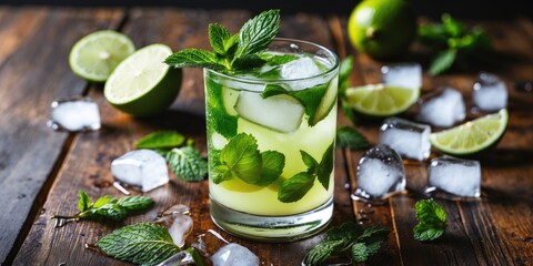 Wall Mural - Refreshing Mojito Cocktail with Lime Mint and Ice on Wooden Table Ideal for Summer Beverage Promotions with Space for Text