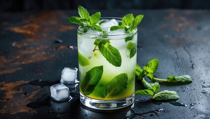 Wall Mural - Mojito Cocktail Refreshing Cold Drink Garnished With Fresh Mint Leaves Served Over Ice On Dark Rustic Table Top