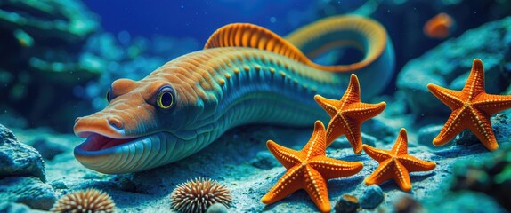 Wall Mural - Colorful Morray Eel Swimming Among Vibrant Starfish on Coral Reef in Crystal Clear Ocean Waters