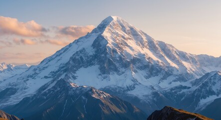 Canvas Print - Majestic Snow-Capped Mountain Peaks Bathed in Golden Sunrise Light Against Clear Blue Sky Perfect for Nature and Adventure Themes