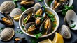 © The 2R Artificiality - Mussels in wine sauce garnished with parsley and lemon on a dark background ideal for seafood recipes and culinary presentations.