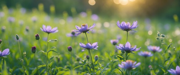 Wall Mural - Blooming Wildflowers in a Serene Meadow at Sunrise Enveloping Nature's Beauty and Tranquility in the Morning Light