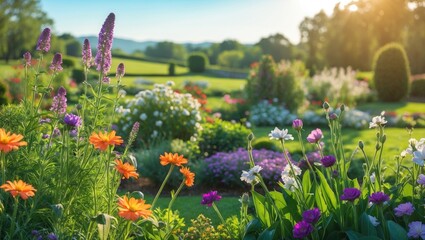 Wall Mural - Vibrant Flower Garden on a Sunny Day with Lush Green Landscape and Ample Space for Text Overlay