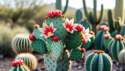 Wall Mural - Vibrant Opuntia Cactus in Bloom Surrounded by Lush Succulents in Desert Landscape.