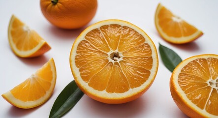 Poster - Fresh Orange Half with Segments and Green Leaves on a White Background Healthy Food Concept and Culinary Presentation