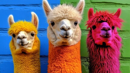 Wall Mural - Three llamas with different colored fur stand in front of a green wall. The llamas are wearing colorful clothing and appear to be posing for a photo. The scene has a playful and whimsical mood