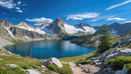 Canvas Print - Scenic Mountain Lake Surrounded By Snow-Capped Peaks Under A Clear Blue Sky With Hiking Trail In Summer Landscape