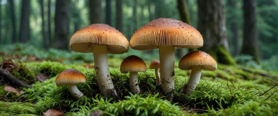 Canvas Print - Mushroom Grouping on Lush Green Moss Surrounded by Forest Trees with Natural Light and Space for Text Overlay