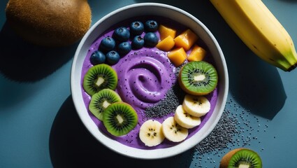 Poster - Vibrant Pitaya Smoothie Bowl Topped with Kiwi, Banana, Blueberries, and Poppy Seeds Healthy Breakfast Idea with Hard Light and Shadow Effects