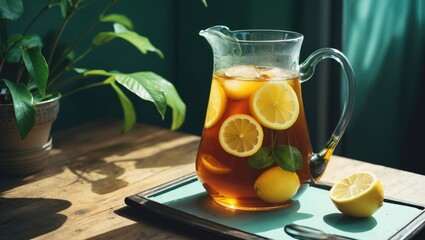 Wall Mural - Refreshing pitcher of sweet iced green tea with lemon slices and fresh garnish on a wooden table with empty space for text placement.