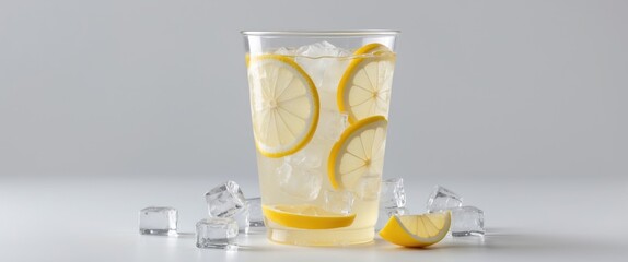 Wall Mural - Refreshing lemonade with ice and lemon slices in a clear plastic glass on a light background perfect for summer and beverage promotions.