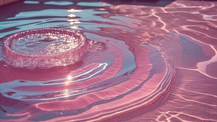 Wall Mural - Serene water ripples in a pink toned pool with reflections, creating a tranquil and inviting atmosphere from a top view perspective.