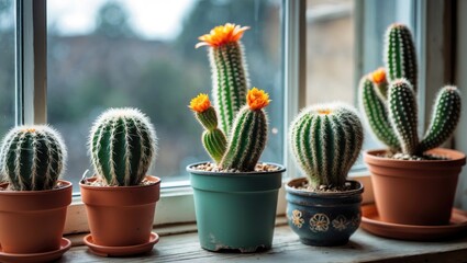 Wall Mural - Colorful Cacti Collection on Sunlit Windowsill Enhancing Indoor Greenery and Natural Light