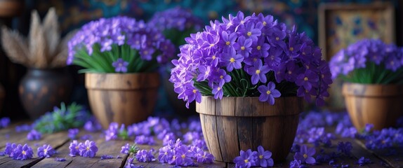 Poster - Vibrant Purple Flowers in Rustic Wooden Pots Creating a Beautiful Artistic Floral Background