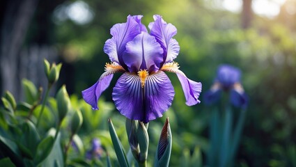 Poster - Vibrant Purple Iris Blooming in Garden with Lush Greenery and Ample Copy Space for Text Placement