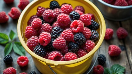 Poster - Freshly Picked Raspberries and Blackberries in a Bright Yellow Bucket with Natural Green Leaves and Space for Text in the Background