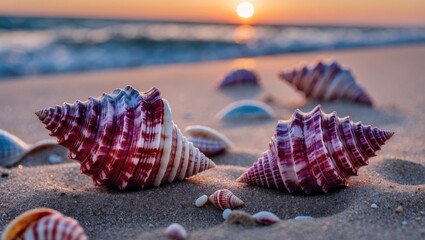 Wall Mural - Vibrant red violet seashells scattered on sandy beach at sunset with ocean waves and soft light creating a tranquil coastal scene.