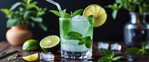 Wall Mural - Refreshing Minty Lime Cocktail With Ice Served In A Glass Garnished With Lime Slices And Fresh Mint On A Rustic Wooden Table