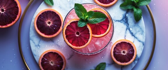 Wall Mural - Refreshing Summer Cocktail with Blood Orange and Mint on Marble Tray Top View with Empty Space for Text