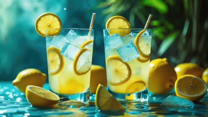 Wall Mural - Refreshing Summer Lemonade with Ice Cubes and Fresh Lemon Slices in Glasses Surrounded by Whole Lemons and a Vibrant Background