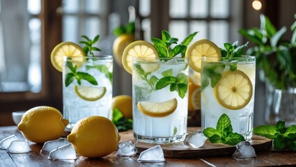 Wall Mural - Refreshing Lemonade with Mint and Ice Served in Glasses Perfect for Hot Summer Days Natural and Healthy Beverage Option