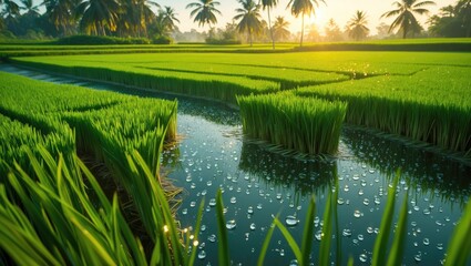 Wall Mural - Lush green rice fields with morning sunlight and water droplets glistening on the plants creating a serene natural landscape.