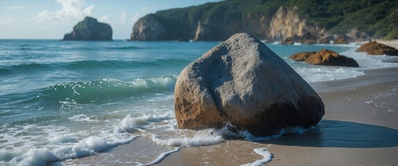 Wall Mural - Large rock surrounded by gentle waves on a tranquil beach with cliffs in the background under a clear blue sky.