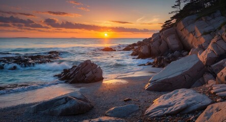 Canvas Print - Serene Rocky Beach at Sunset with Vibrant Sky and Gentle Waves lapping Against Majestic Cliffs and Boulders