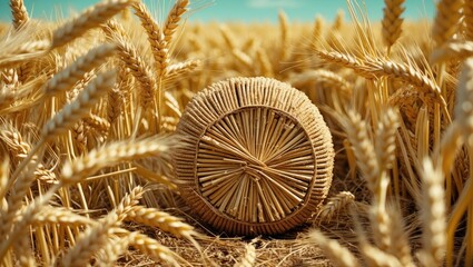 Wall Mural - Round Straw Briquettes Nestled Among Golden Wheat Stalks Under Bright Blue Sky in Agricultural Field