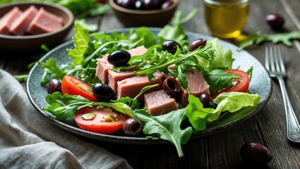 Wall Mural - Fresh Tuna Salad with Mixed Greens Tomatoes Olives and Arugula on Wooden Table Healthy Balanced Meal Concept